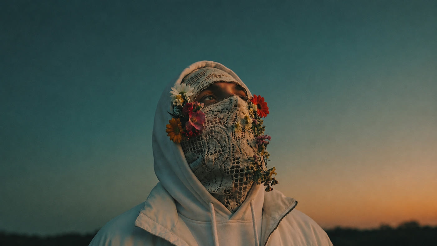 Un ragazzo con un passamontagna di pizzo e fiori sul viso, al tramonto
